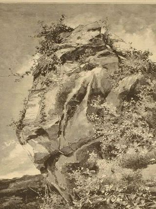 Estado actual de la lápida (pág. siguiente), y su situación antes del derrumbe de la peña, en un apunte realizado por Gomar.