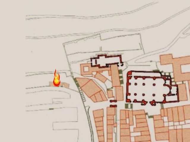 La casa del testigo nº 78 se encontraba en la calle Puyuelo nº 59 (1), y desde ese lugar vio claramente el primer inmueble incendiado por los aliados, el de la Viuda de Soto, esquina calle Mayor con C/Puyuelo (2)