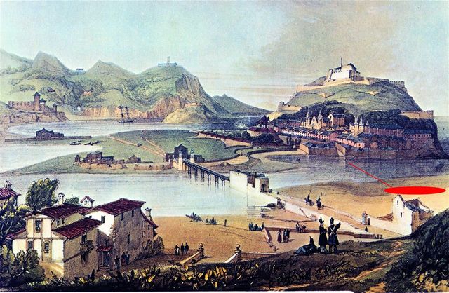 San Sebastián en la época de la I Guerra Carlista. A la derecha, en la parte inferior, señalado en rojo, se puede ver el comienzo del arenal donde cayó mortalmente herido Fletcher.