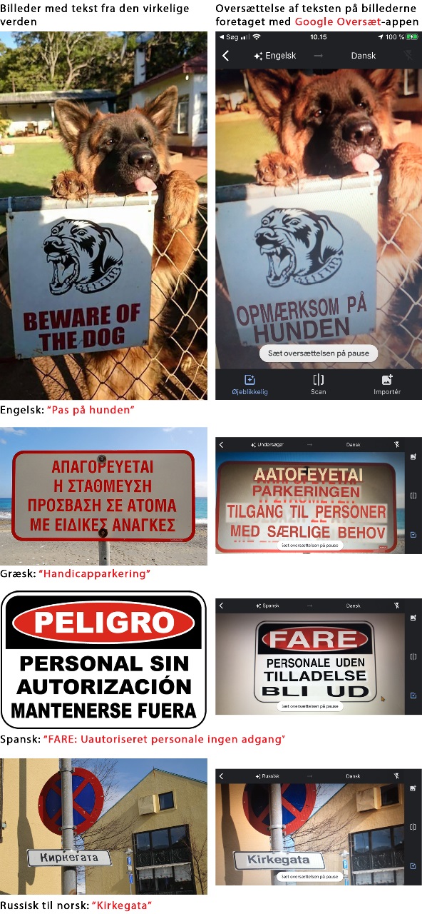 Herover ses fire billeder med skilte, og hvordan oversættelsen af dem sker - live - via mobilkameraet i appen Google Oversæt. Det er turistvenligt!