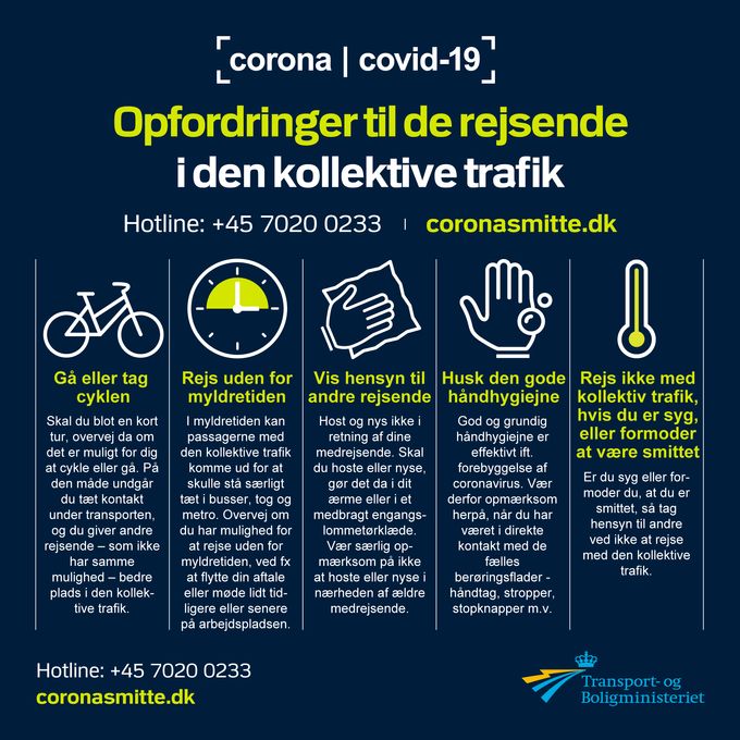Forholdsregler for de rejsende i den offentlige trafik med hensyn til at undgå smitte med coronavirus. Pas godt på hinanden!