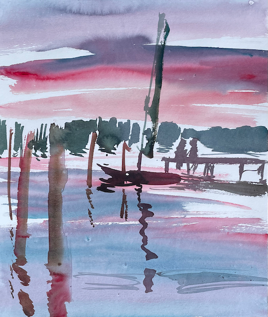 SiLKE THAL, Abend mit Boot und Steg, 3/4, 42 x 35 cm