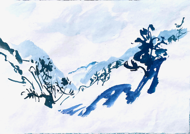 SiLKE THAL, Between Mountains, 13.3.25-6, Tusche, Papier, 30 x 40 cm