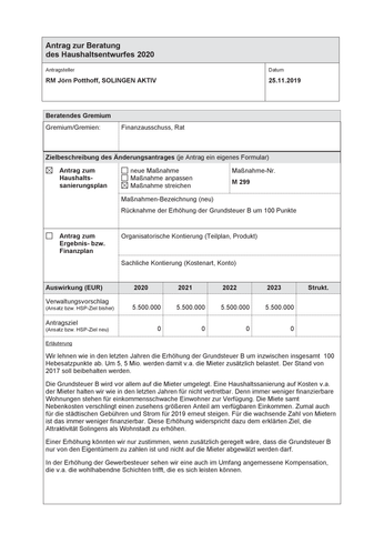 SOLINGEN AKTIV - Haushalt 2020 - Grundsteuer B