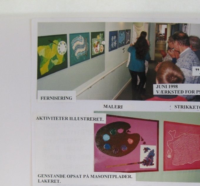 Udsmykning på et aktivitetscenter i Holbæk 1998. Et center for psykiatriske patienter. Centerets forskellige aktiviteter symboliseret. Udført af brugerne med vejledning fra mig.