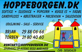 Udlejning i Jyland. udlejning af Hoppeborg, Softice maskine, slushice maskiner, Fadøl, Popcorn, candyfloss, Salgsvogn, Pølsevogn, Køletrailer trailer, udlejning i nordjyland