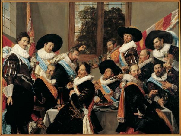 FRANS HALS, FEESTMAAL VAN OFFICIEREN VAN DE CLUVENIERSSCHUTTERIJ (1627) Let op de hond van VAANDRIG ADRIAEN MATHAM