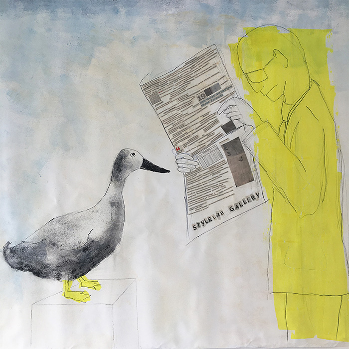 Mixed Media på lærred med komposition i farverne citrongul, lyseblå, sand, beige, navy, sort, hvid