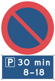Förbudsskylt med 30 min tillåten parkering under speciella tider