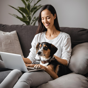 "Hund som sitter bredvid sin matte medan hon använder datorn."