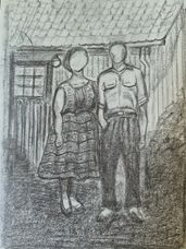 Foran huset (tegning med blyant)