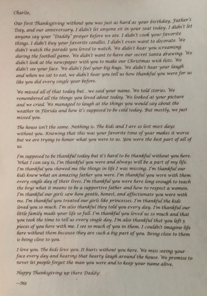 Written and left on Charlie's grave on Thanksgiving morning, 2015