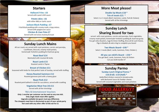 Sunday Lunch menu Page 2