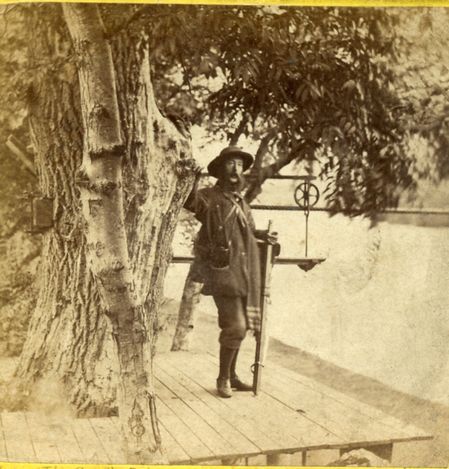 An interesting photograph of the workings of the cradle bridge at Abergeldie, seemingly showing the photographer. From a stereoview by S. Thompson.
