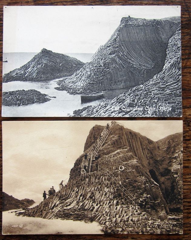 The Clamshell Cave on Staffa, two images published in 1889 by Valentine.