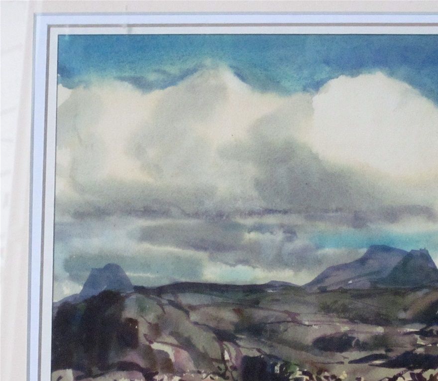 The mountains of Assynt, a painting by Clifford Thompson (1926 - 2017). From left to right Suilven, Cul Mor and Cul Beag.