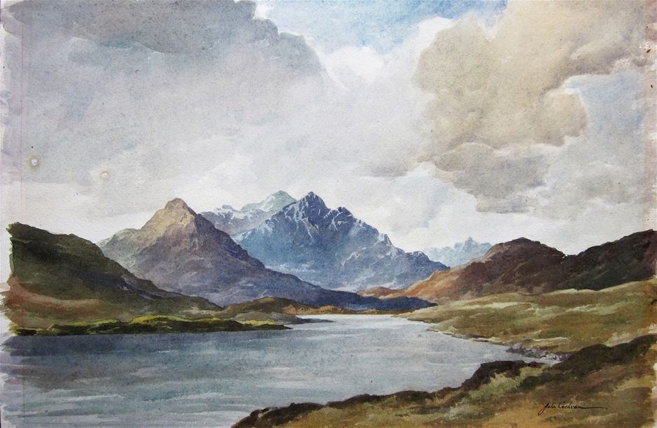 "Stronger Morning Light, Ben Mhor, Bin Blaven, Loch Ainort, Skye." By John Cochran (1821 - 1865).
