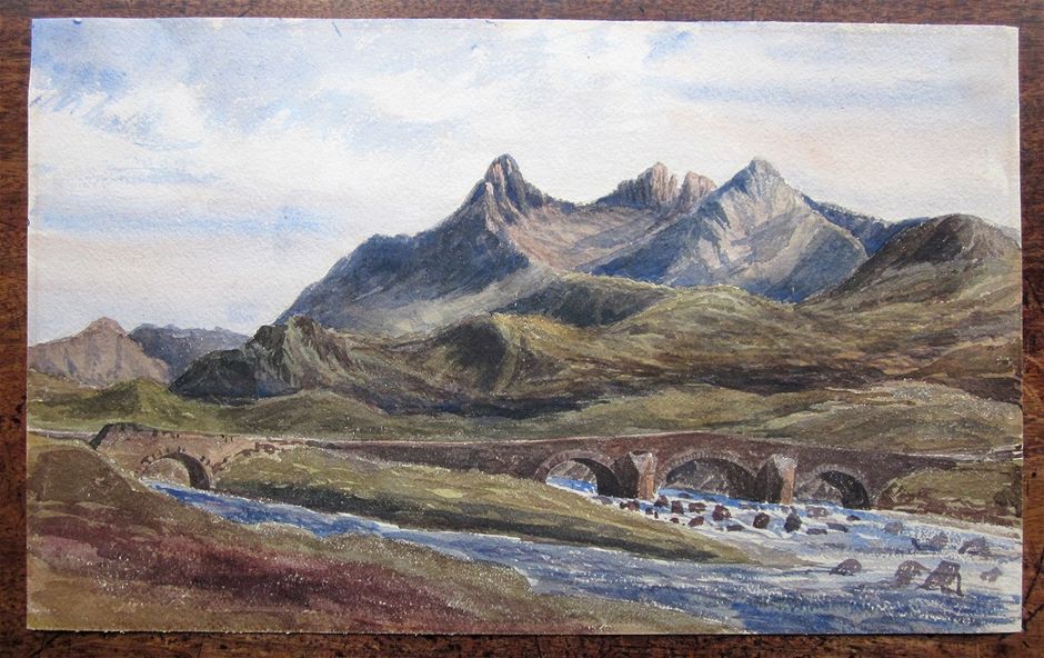 "Scuir na Gillean, Sligachan.1874." A fine watercolour of a famous Skye view. Attributed to Robert Alexander.