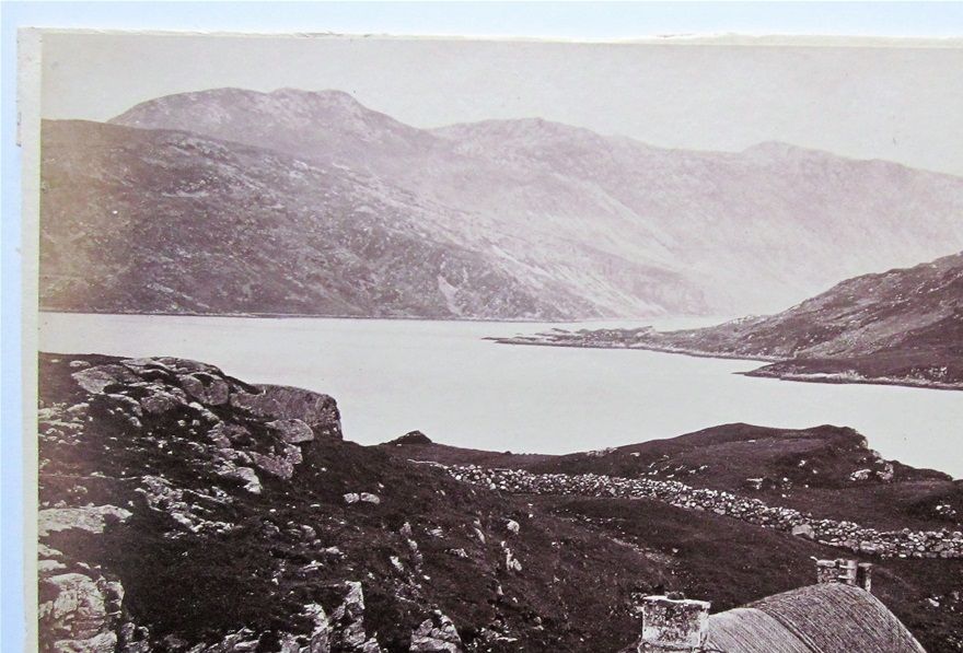 A wonderful late-19th century photograph by George Washington Wilson, titled Loch Glendhu, Sutherland. I believe it is looking across Loch Glencoul, probably from Unapool. The important geological strata, including the Glencoul Thrust, can be made out on the distant shore. The Moine thrust runs along the top right-hand end of the distant hills. For more information, see my page on The Highlands Controversy.