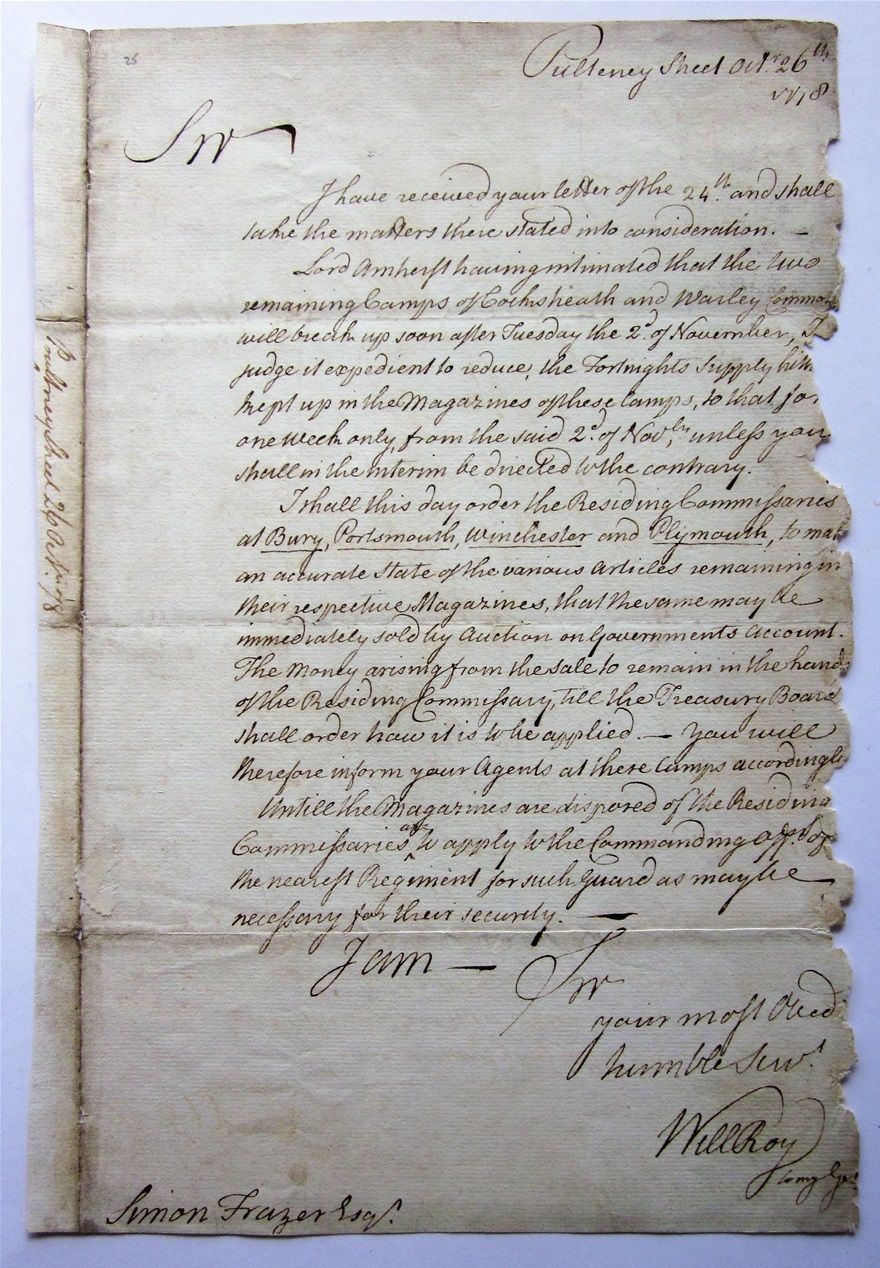 The reply to Frazer's communication from Roy, dated 26th October, 1778.