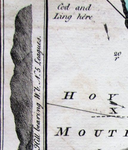 The entrance to Hoy Sound, with Stromness at the top. The hills marked were obviously an aid to navigation, and other details on the land, such as 'Lead Ore here' are of interest. The map is said not to show the Old Man of Hoy, but I wonder what the cylinder symbol seen at Stour is meant to signify.