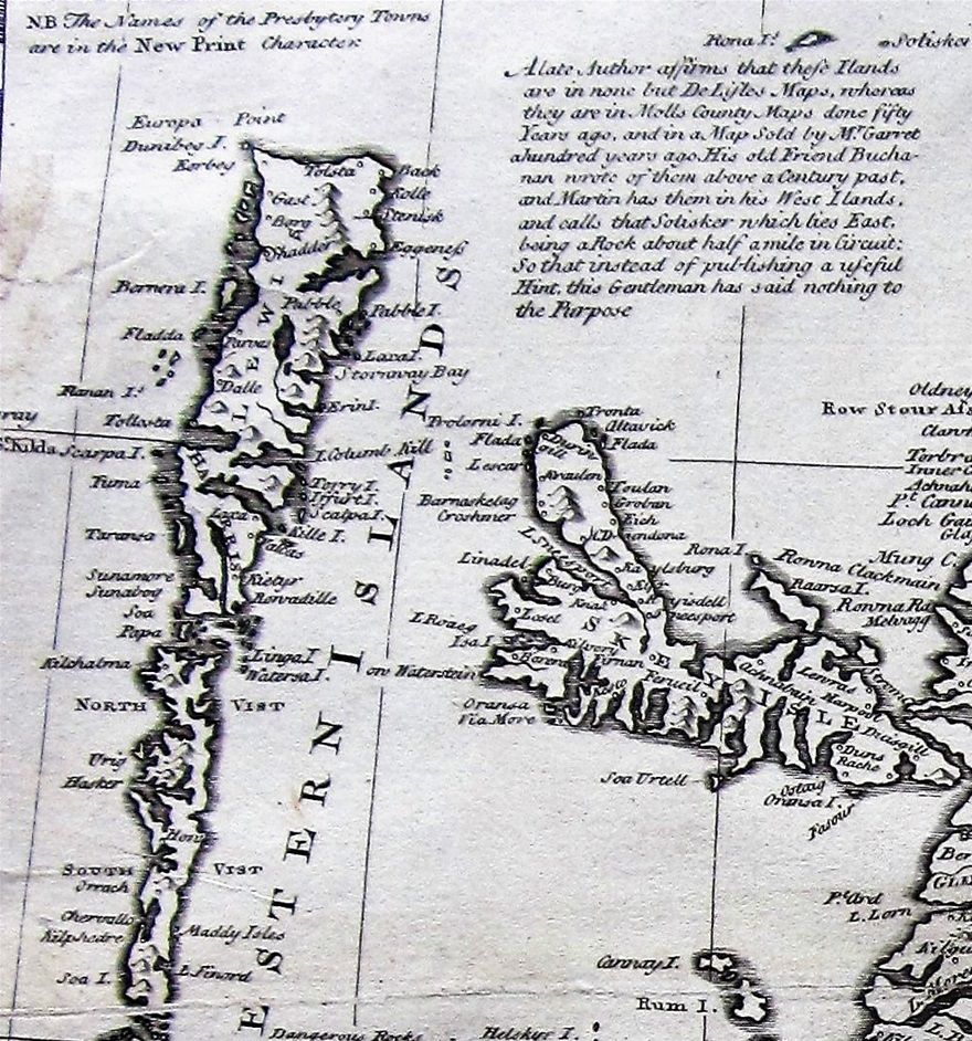 Detail of a map published by Emanuel Bowen c.1747. He has incorporated Bryce's findings from his map of 1744, but Lewis is still depicted with a flat top.