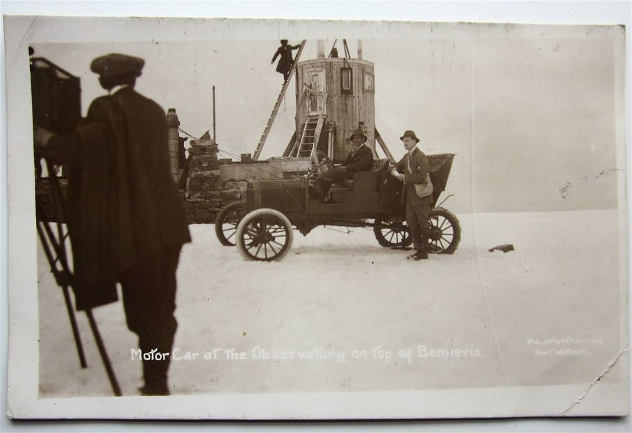 "Motor Car at the Observatory om top of Ben Nevis." A postcard, Macintyre's Series celebrating the remarkable achievement in May 1911 (see above).