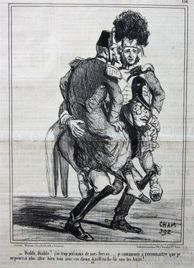 Devil, Devil! I have presumed too much of my strength...I am beginning to comprehend that I am not able to go far with these two fellows on my arms. Cham cartoon, 1850.