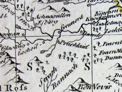 Dorret's map of 1750, showing Ben Vevis incorrectly placed to the north-west of Loch Glash.