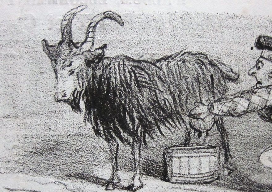 A cartoon by Cham that appeared in the 5th December 1845 edition of the Charivari magazine. One in a series of Monsieur Trottman visits Scotland cartoons. Here he comments on the Highland diet which is dominated by dairy  - milk in fact. A 'nourrice' is a wet nurse.