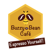 Buzzy-Bean Café logo, yellow hexagon with a bee and coffee bean for wings, slogan in a brown banner says Espresso Yourself