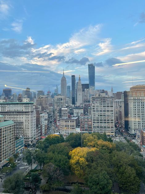 Aerial view of Union Square with Empire State Building towering in the background.
