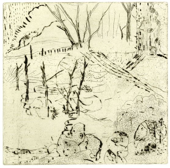 På marken, etsning, torrnål, 19 x 19 cm.