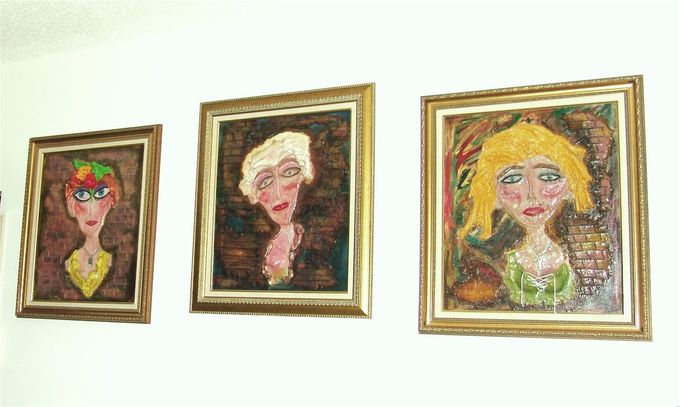 T'PONS ~ Ceramic and acrylics on canvas ~ Miami 2002  ~~~  MADAMES  1.- ROXY,  2.- PENELOPE,  3.- LEO ~ ( 20x24 