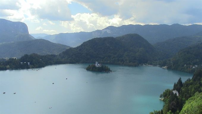 Lake Bled. Monastery island. Rare moody clouds.