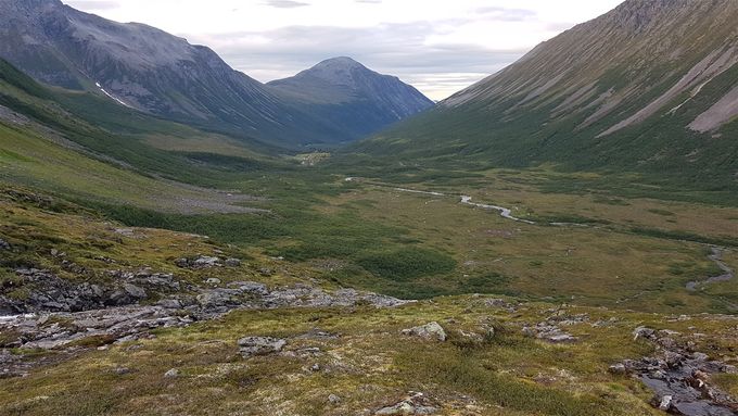 Vatnedalen ned mot Instesætra sett fra Svartdalskjeften. Bilde er tatt seint en sommerkveld. Storhornet midt i bildet.
