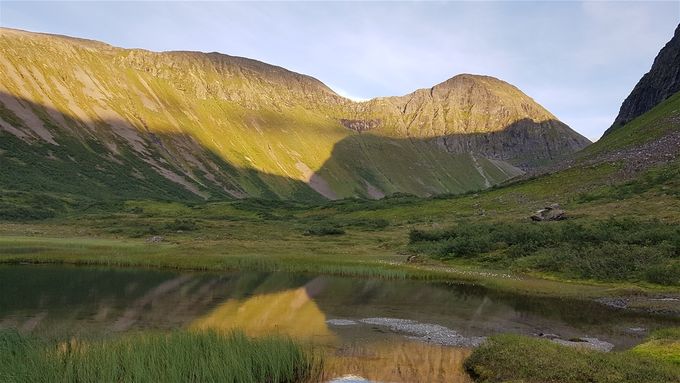 Vakkert i Vatnedalen en sen sommerkveld. Svartetindane (fjellryggen) i bakgrunnen