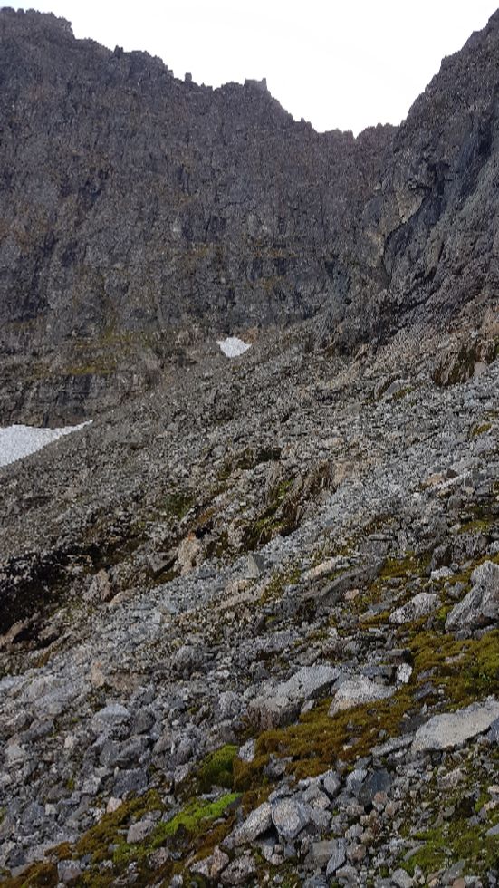 Her er veien mot skaret i ura langs hammeren. Ganske krevende å gå her med mye løs stein