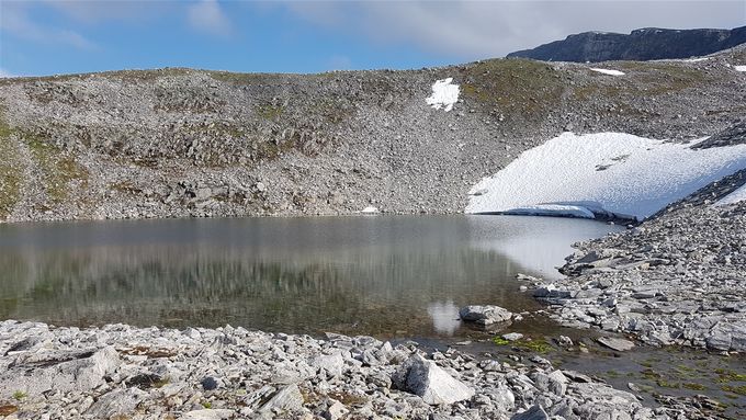 Vannet opp på fjellplatået like før toppen (som ligger til venstre ut av billedkant. Staven sees i bakgrunn