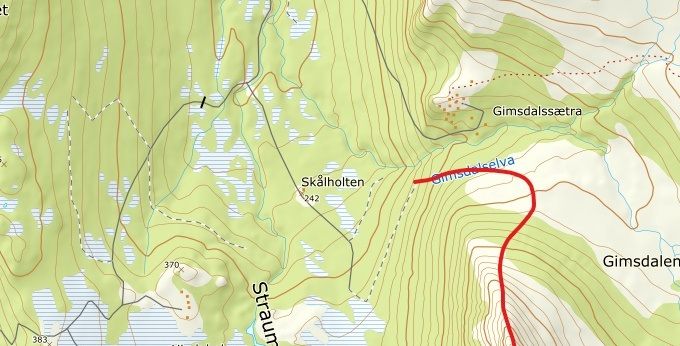©KARTVERKET. Veien fra traktorveien er merket med rødt. Her er imidlertid ganske tydelig sti helt opp til Gimsdalstinden
