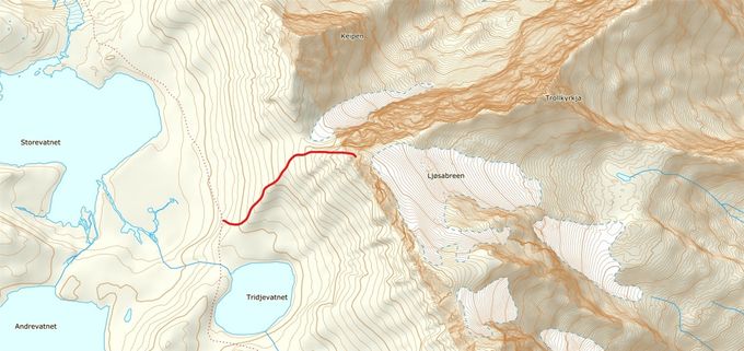 ©KARTVERKET . Omtrentlig turvei er avmerket fra der en tar av fra stien til Trandalen