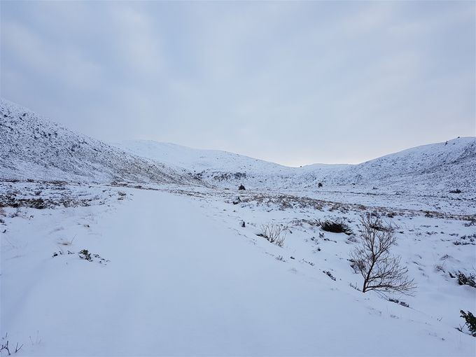 Vegen opp Hidsdalen, som tar ca 15 minutter til fots. Til høyre  ligger Trolltua og på laveste punktet i horisonten ser du gapahuken som er satt opp som en svart prikk. Veien var svært glatt og ikke mulig å kjøre (sannsynlig ikke tillatt heller)
