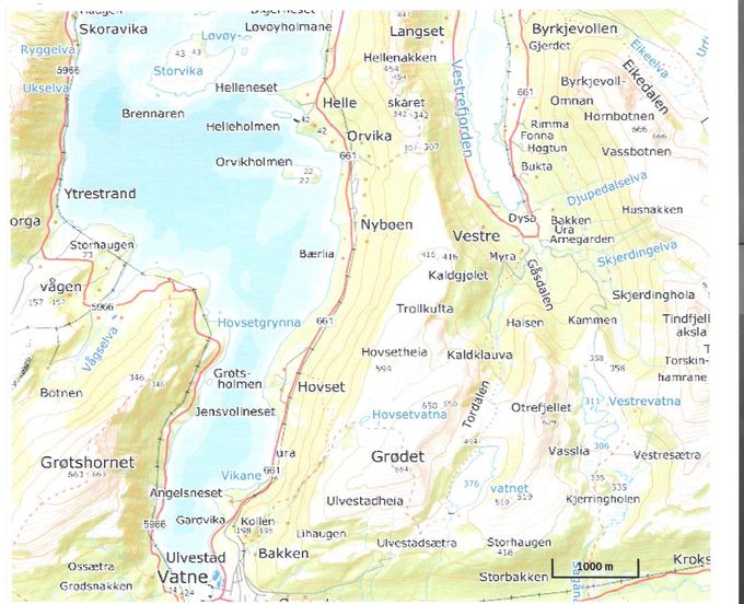©KARTVERKET . Her ser en hele fjellryggen med Grødet