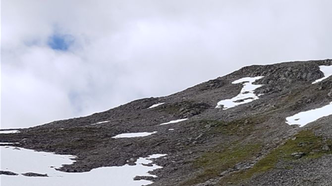 Sør-veggen på Saurdalsnibba med oppgang omtrent midt på fjellet i det snøfrie området. Det var greit å komme seg forbi hamrene  opp mot toppen