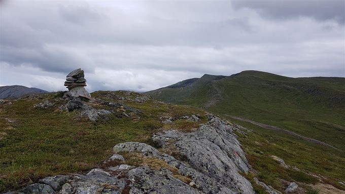 Siste høydedrag før nedgang til veien opp mot Svartevatnet (den veien er kortversjonen av å gå på Frostadtind). Her ser en den markerte stien opp mot Frostadtind midt på bildet