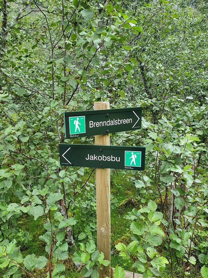 For å komme til bre-enden må du ta av til Jakobsbu. Over en bro og fortsett opp langs elva, hvis du ikke vil gå til Jacobsbu