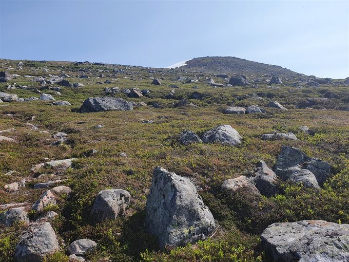 Her ser en store og små flyttblokker oppe på fjellet