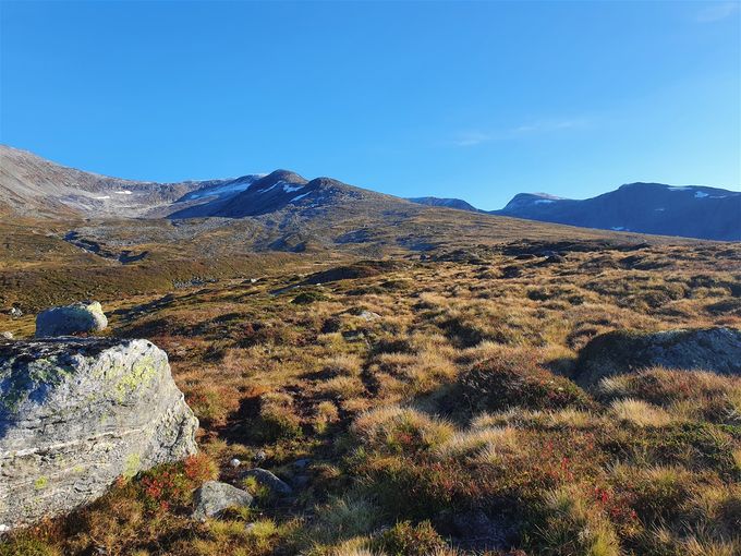 Her ser en ryggen som du skal gå. Gå til høyre side på denne. På bildet er Lianibba delvis skjult. Den er oppgangen på 2. toppen her som er krevende om går rett på den