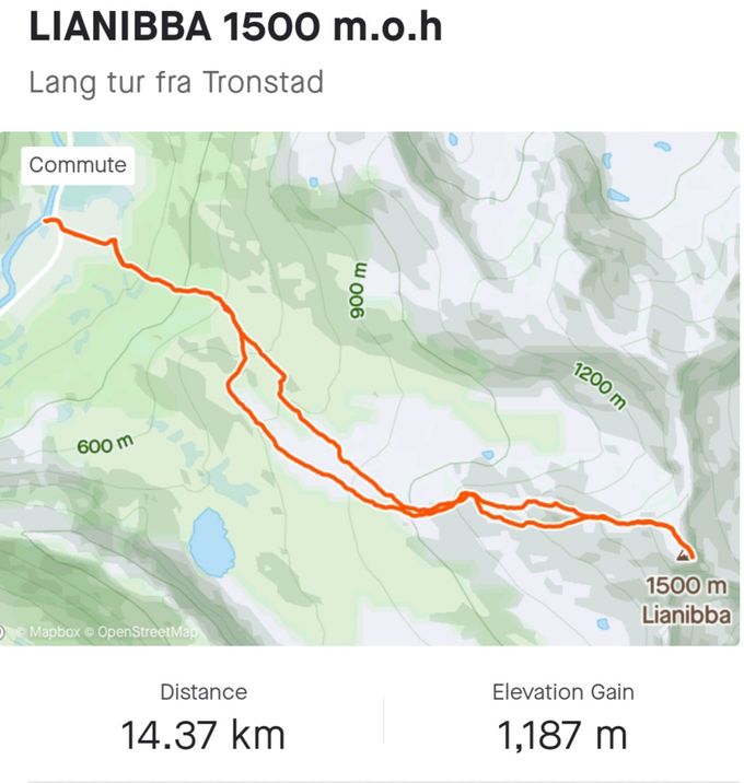 Strava som viser ruten. Noe endring i ruten på retur med noe direkte rute mot Tronstadsætra