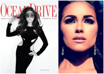Olivia Culpu Ocean Drive magazine cover wearing all black cut out dress with lace mask across her eyes